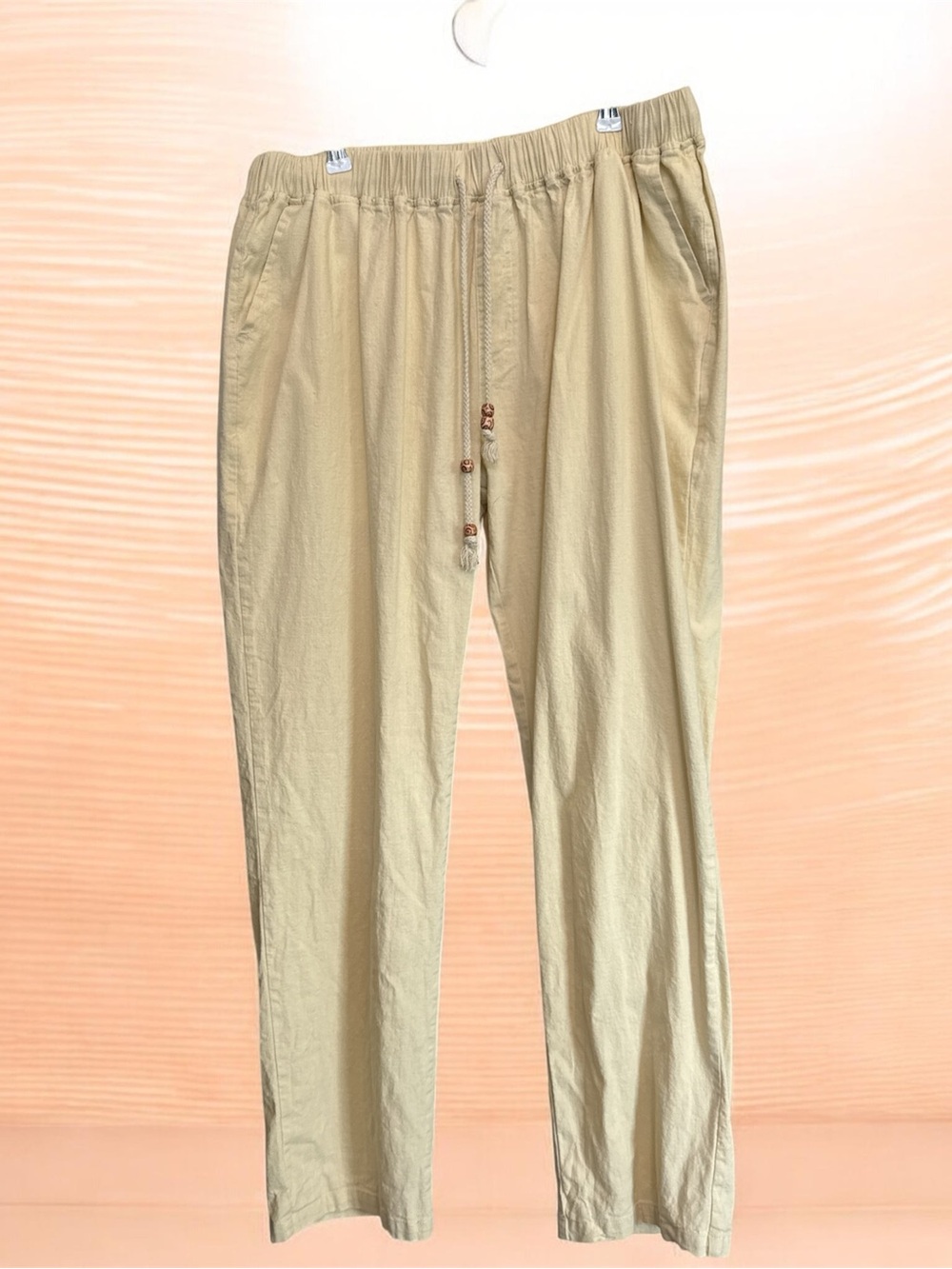 Women’s Cream Track Joggers with Decorative Bead Drawcord in cotton linen blend.
